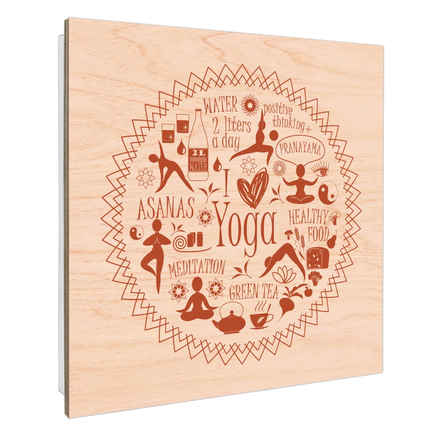 Banjado Schlüsselbox aus Holz, 30x30cm, weiß, mit Yoga Motiv und 50 Haken.