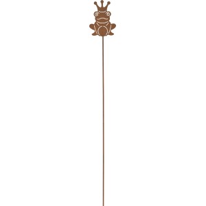 Gartenstecker Frosch, rostfarben, 85 cm hoch, aus Metall für die Gartendekoration.