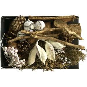 Trockenpflanzen Dekomix Weiß-Natur: Mix aus Zapfen, Ästen, Blättern und Beeren in Weiß und Naturtönen.