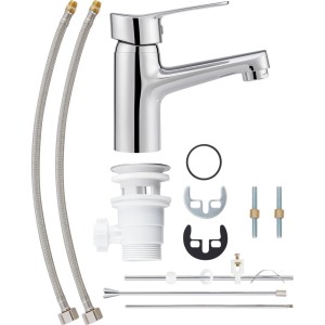Einhebel-Waschtischarmatur Carsoli Chrom mit Zubehör wie Anschlussschläuche und Ablaufgarnitur.