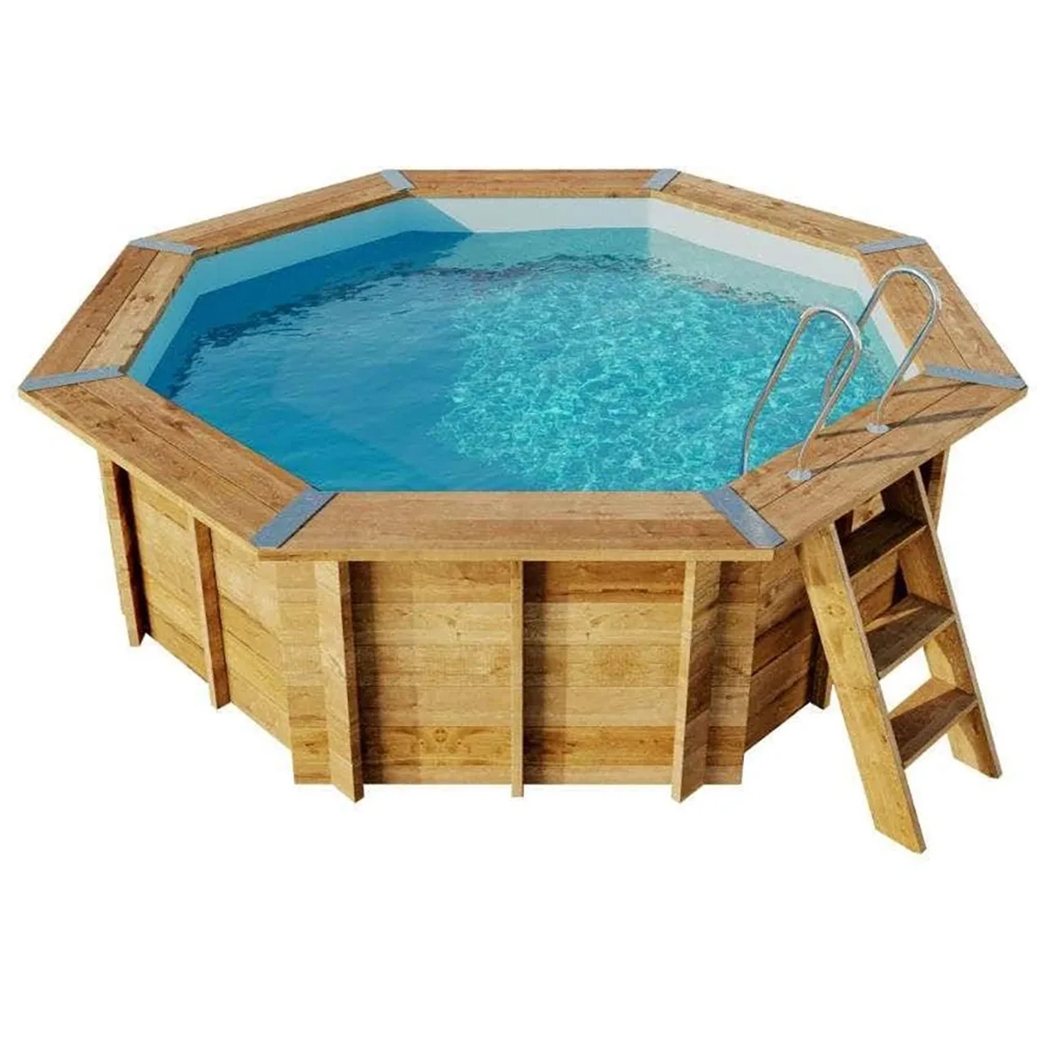 Holzpool Lanzarote mit Leiter und blauem Wasser, Ø 428x136 cm.