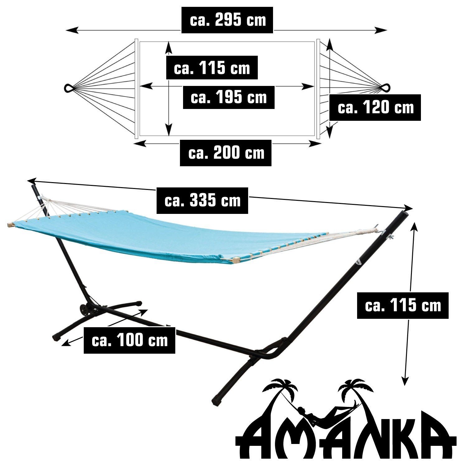 AMANKA DoppelHängematte Blau 200 x 120 cm mit Gestell auf Rollen