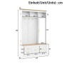 Weiße Flurgarderobe mit Holzoptik-Akzenten, Spiegel, Schubladen, offenen Fächern und Haken. Maße 110x32x180 cm.