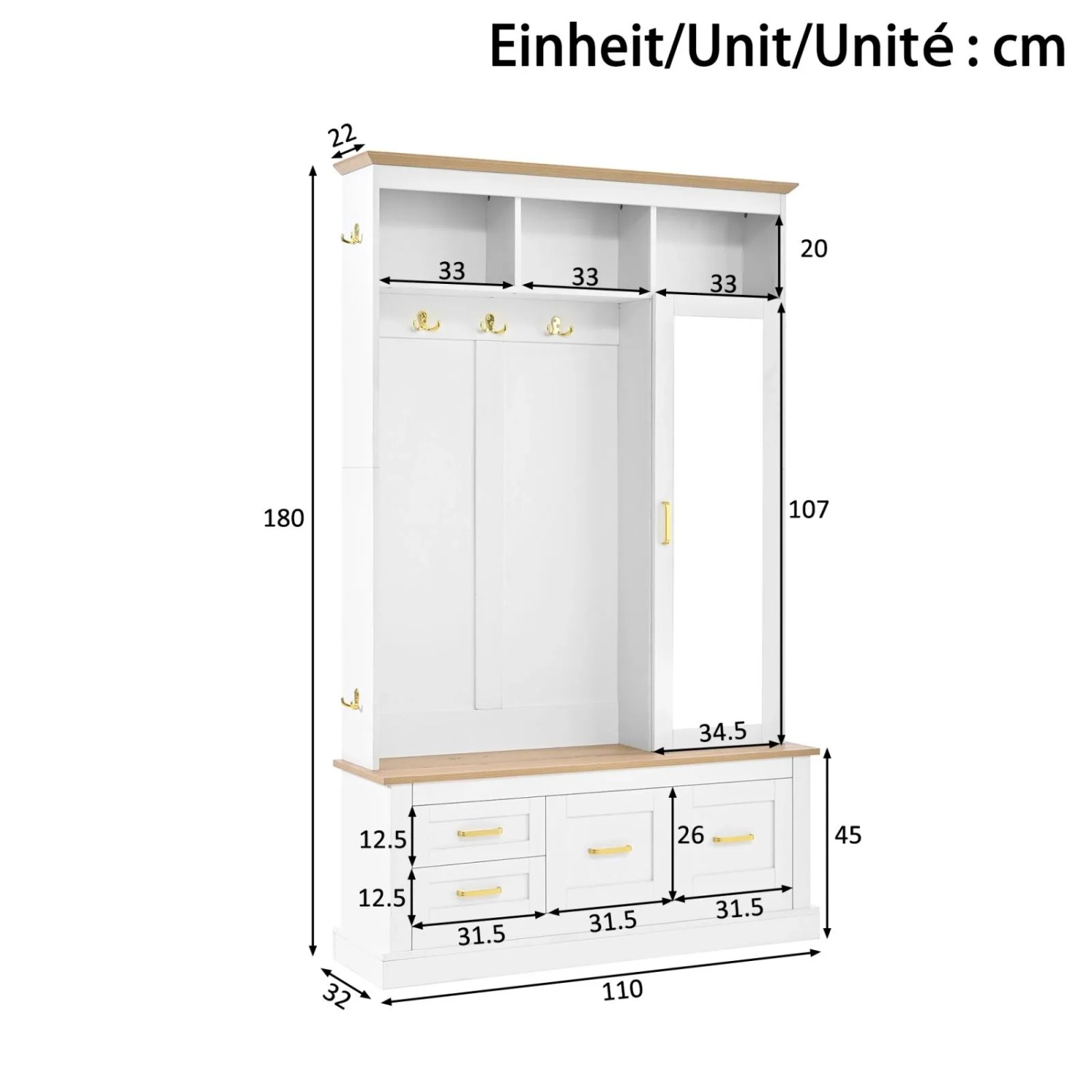 Weiße Flurgarderobe mit Holzoptik-Akzenten, Spiegel, Schubladen, offenen Fächern und Haken. Maße 110x32x180 cm.