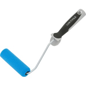 LUX Micro Crater Roller, 10 cm Farbroller mit blauem Schaumstoff und grau-schwarzem Griff.