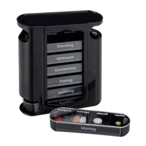 Relaxdays Pillendose Kunststoff Schwarz 7 Tage 4 Fächer Schiebedeckel 13 cm x 11,5 cm x 4,5 cm 170 g