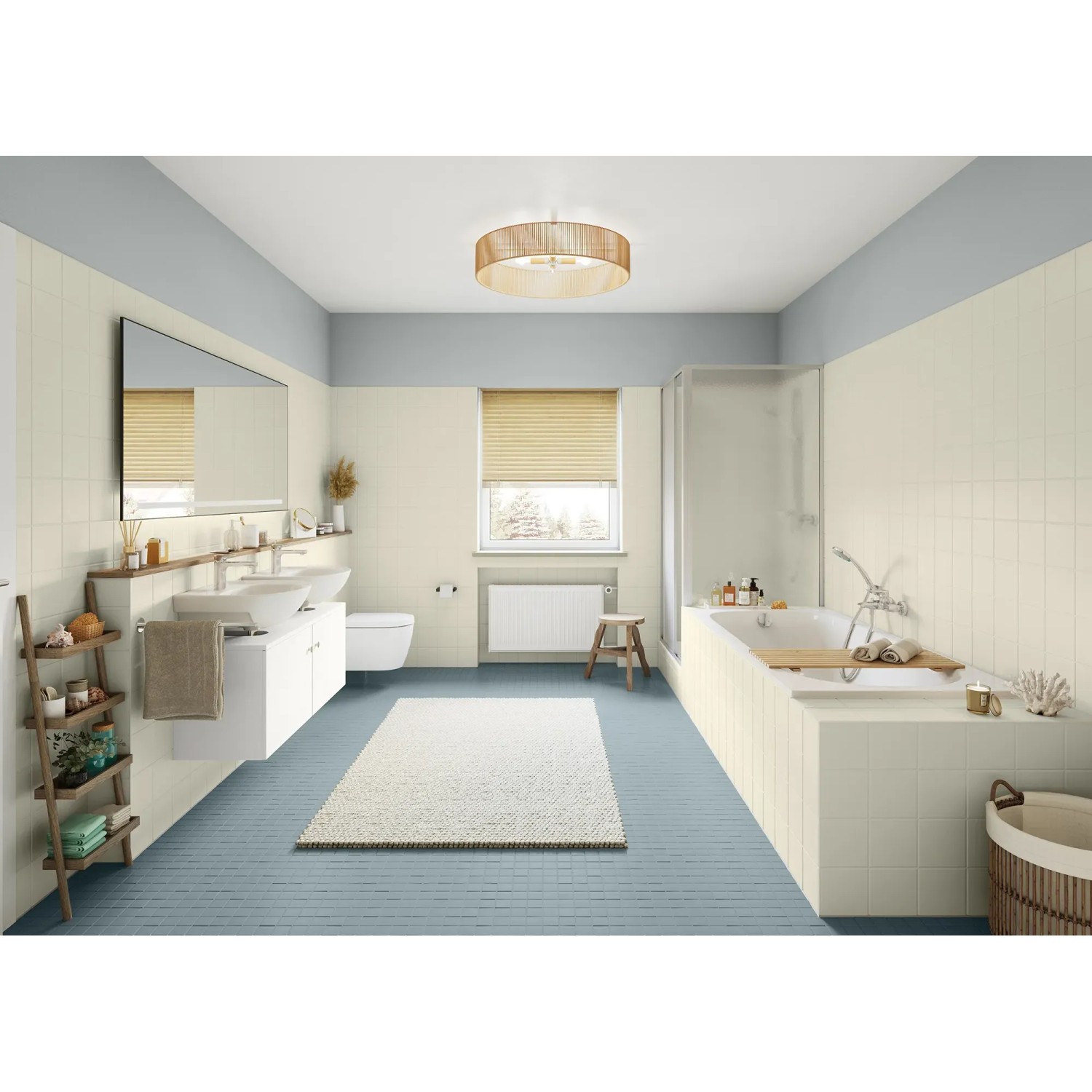 Badezimmer mit Fliesenlack in Kreidefelsen, renovierte Fliesen in hellem Farbton, seidenmatte Oberfläche.