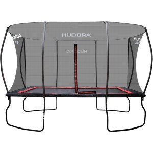 Rechteckiges Hudora Gartentrampolin 4square 244x366 cm mit Sicherheitsnetz.