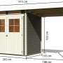 Karibu Holz-Gartenhaus Egersund, terragrau, mit Pultdach und Maßangaben.