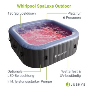 Juskys SpaLuxe aufblasbarer Whirlpool, grau-blau, mit LED-Beleuchtung und Sprudeldüsen für 6 Personen.