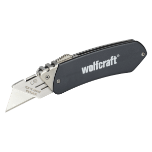 Wolfcraft Freizeitmesser mit Trapezklinge, Aluminiumgehäuse, Klinge ausgefahren.