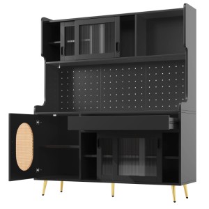 Schwarzer Buffetschrank mit LED Lichtleiste, Schiebetüren, Schublade, Lochplatte und goldenen Beinen. Viel Stauraum.