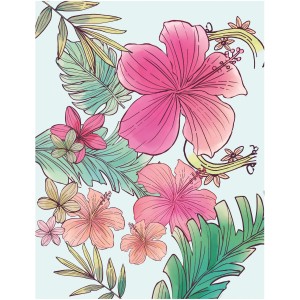 Komar Wandbild Ariel Flowers, 40x50 cm, mit Hibiskusblüten und tropischen Blättern.