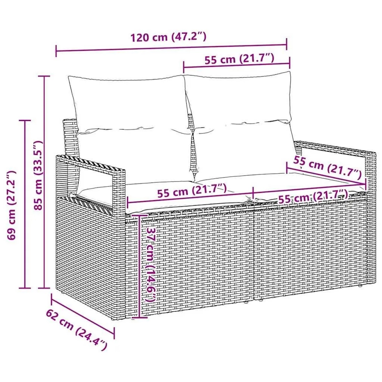 Graues Poly-Rattan Gartensofa mit Kissen und Abmessungen. Modernes Gartenmöbel-Set für Outdoor-Bereiche.