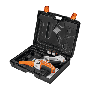Stihl Akku-Gehölzschneider GTA 40 Set im Koffer mit 2 Akkus AS 2 und Ladegerät AL 5-2. Orange-weißes Gerät, Zubehör.