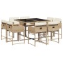 9-tlg. Garten-Essgruppe aus Poly Rattan in Beige mit Tisch, Stühlen und cremefarbenen Kissen.