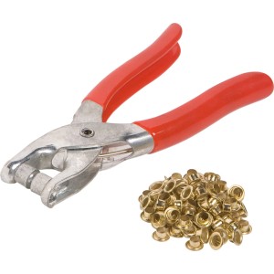 Ösenzange mit roten Griffen und goldfarbenen Ösen. Zange zum Anbringen von Ösen.