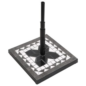 Quadratischer, schwarz-weißer Sonnenschirmständer (12 kg) mit Keramikfliesenmuster.