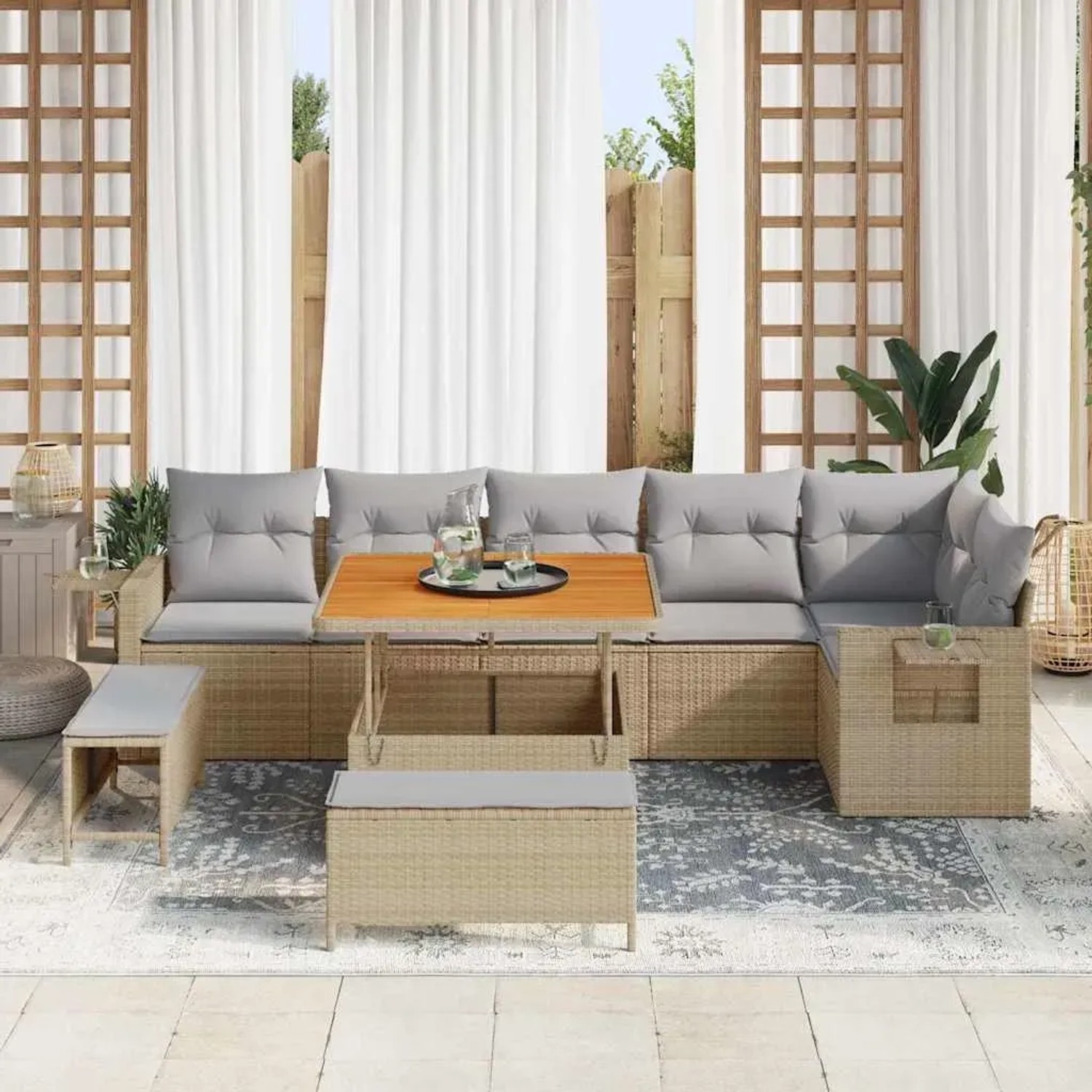 9-teiliges Garten-Sofa-Set aus Rattan mit Kissen in Beige und Akazienholz. Ideal für Terrasse und Garten.