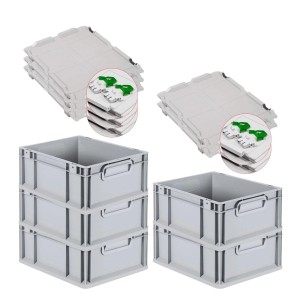 PROREGAL SuperSparSet: 5 graue Euroboxen mit Scharnierdeckel und grünen Verschlüssen, 16 Liter.