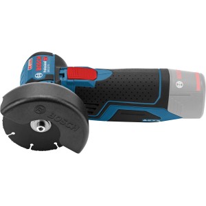 Bosch Professional Akku-Winkelschleifer GWS 12V-76 Solo mit Trennscheiben. Kompaktes, blaues Elektrowerkzeug.