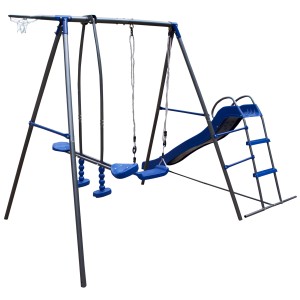 Blaues Metall Spielgerät Peter mit Schaukeln, Rutsche und Basketballkorb für den Garten.