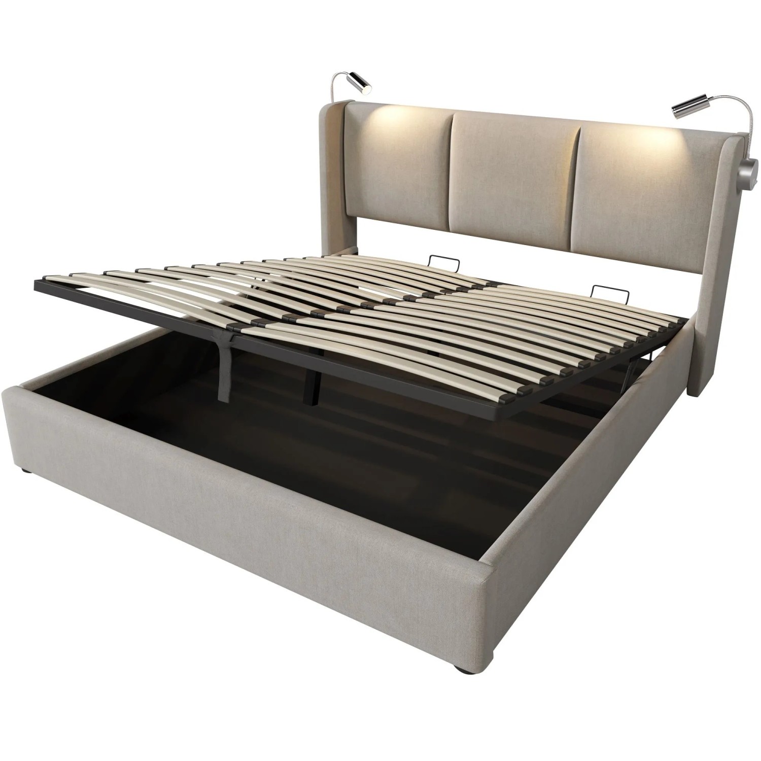 okwish Polsterbett 160x200cm mit Stauraum USB Leselampe Jugendzimmer Beige mit Matratze