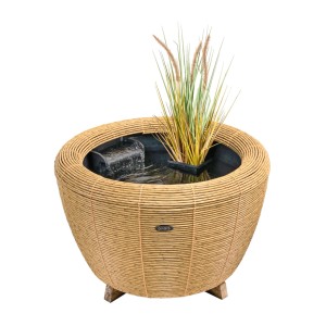 Runder Velda Orbis Mini-Teich in beigem Korbgeflecht mit Wasserfall, Pflanzkorb. Für Terrasse, Balkon & Garten.