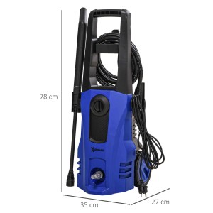 Blauer DURHAND Hochdruckreiniger mit Zubehör und Rollen für flexible Reinigung.