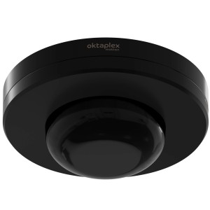 Schwarzer Oktaplex Pia Präsenzmelder 360° für Innen & Außen, Detailansicht.