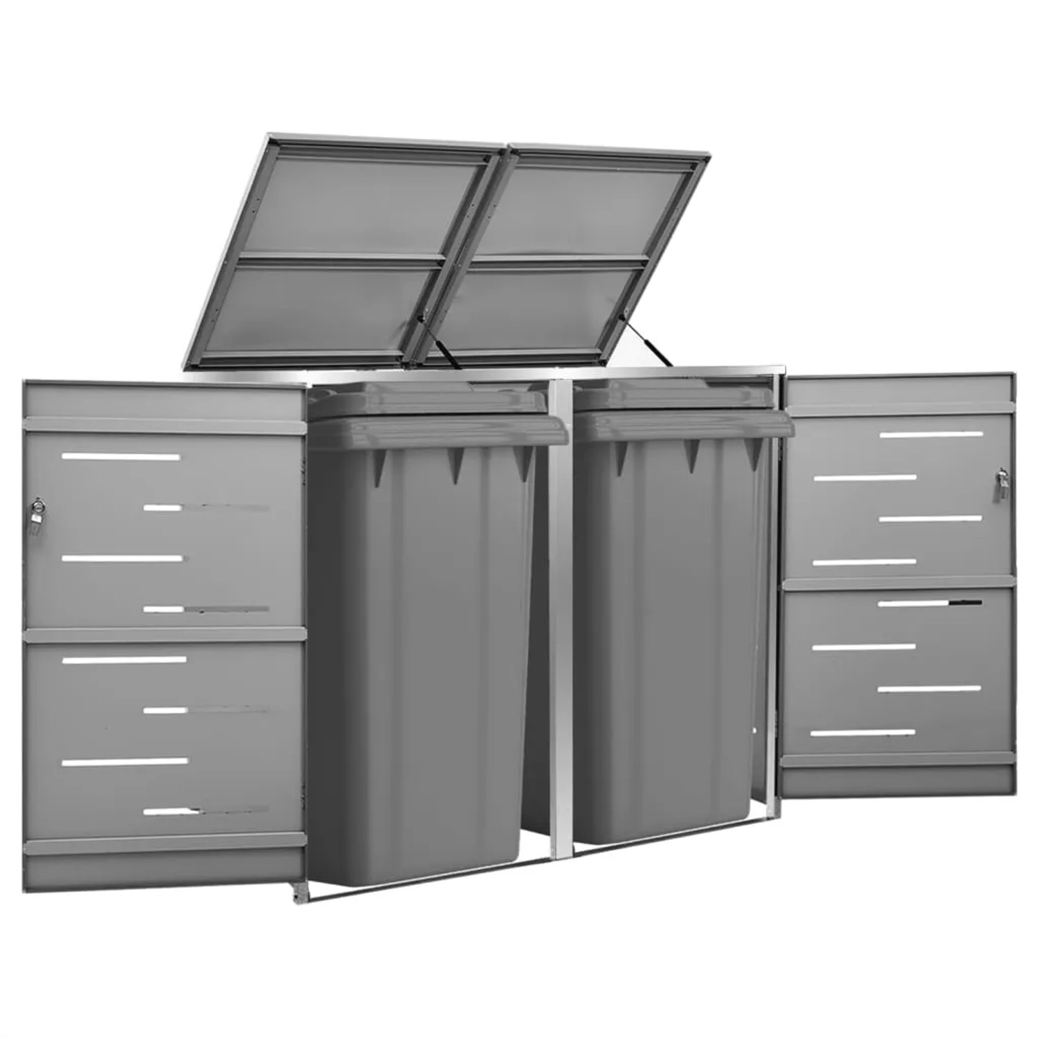 vidaXL Mülltonnenbox für 2 Tonnen, Edelstahl, anthrazit, mit geöffnetem Deckel.