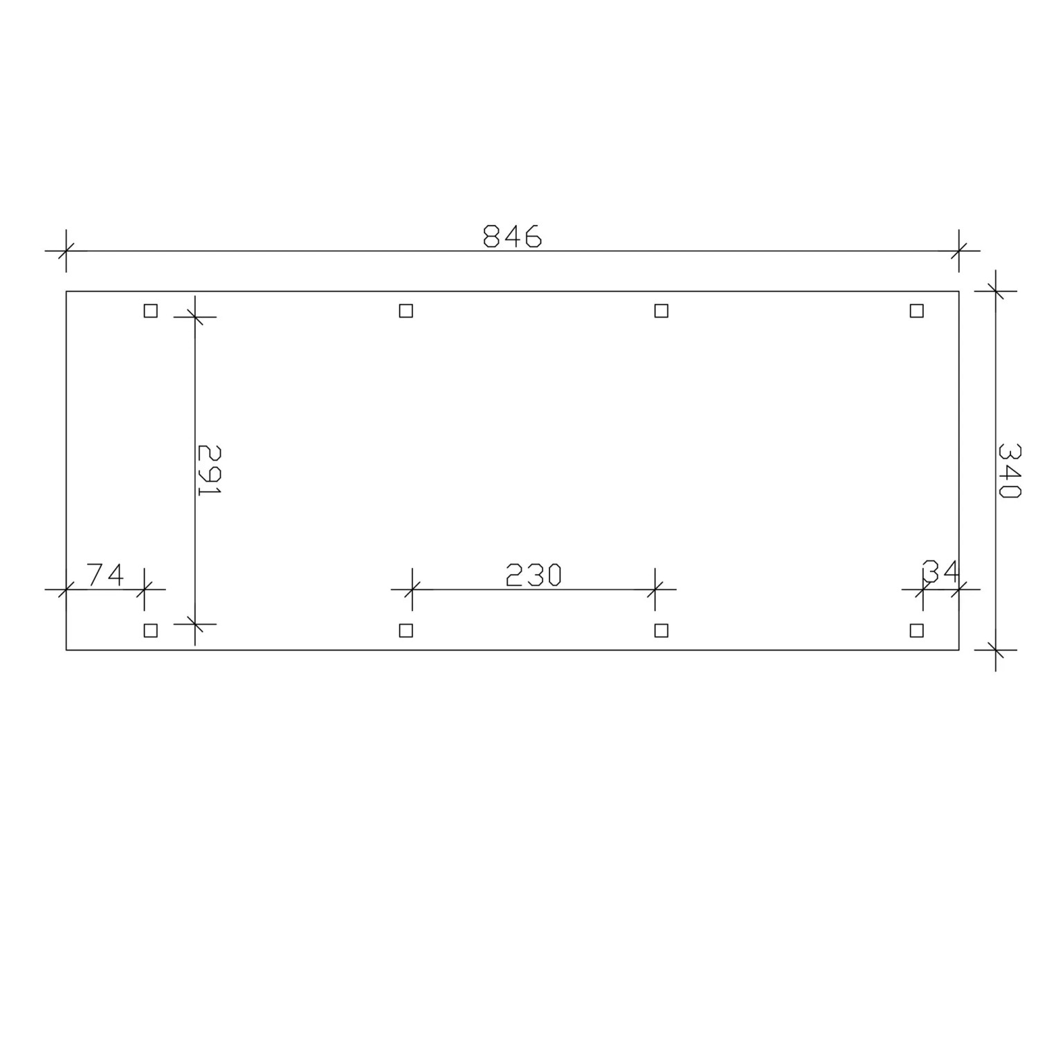 Grundriss des Skan Holz Carports Emsland 340x846 cm mit Pfostenpositionen und Maßen.