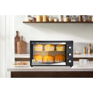 Schwarzer Steinborg Mini-Backofen SB-3014 mit Muffins im Garraum, 45 Liter, 1800 Watt.