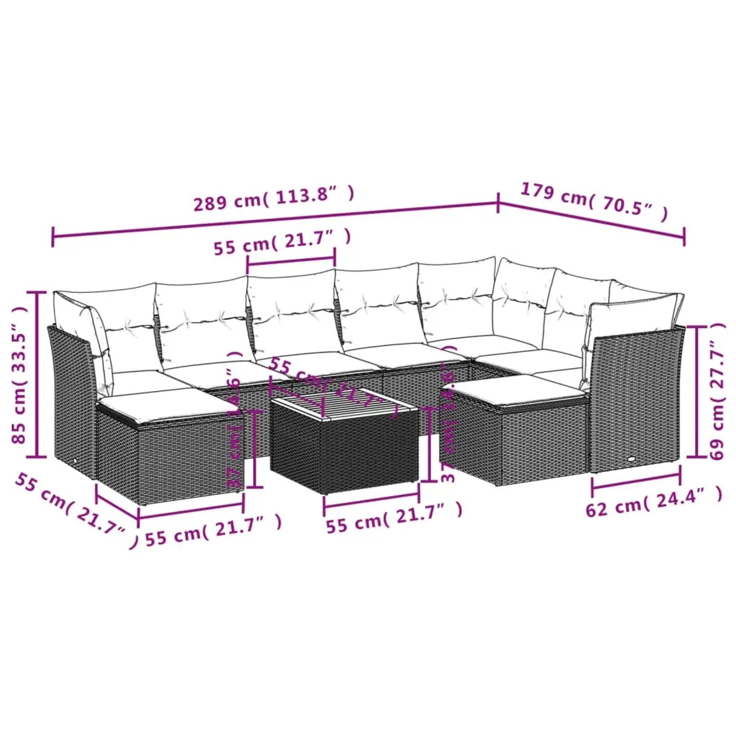 Beige 10-tlg. vidaXL Garten-Sofagarnitur aus Poly Rattan mit Kissen. Gartenmöbel-Set mit Tisch und Hockern.