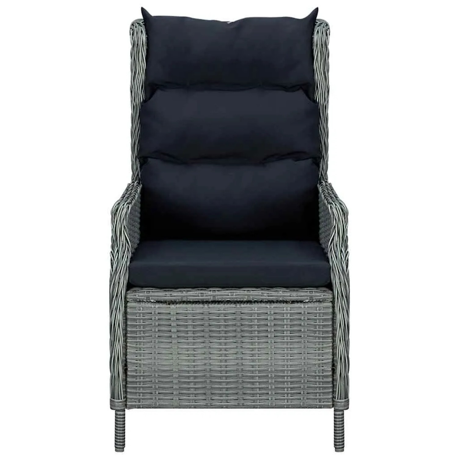 Verstellbarer Gartensessel aus hellgrauem Poly Rattan mit schwarzen Polstern. Bequemer Gartenstuhl mit Liegefunktion.