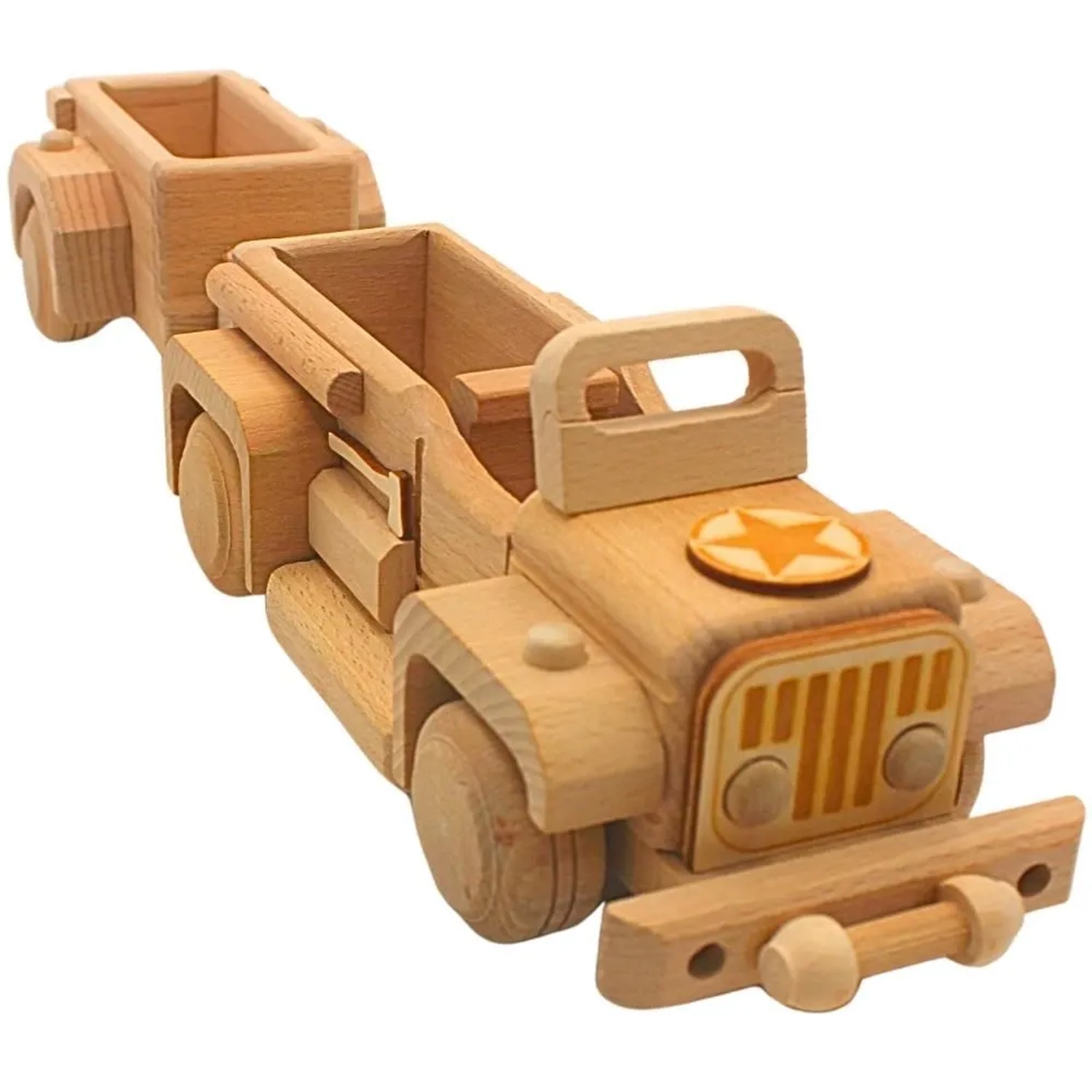 Dekohelden24 Naturbelassener Holzgeländewagen Holzauto als Armeegeländefahrzeug Dekoauto Militär Modellauto zum Bemalen L/B/H 42 x 9 x 10 cm