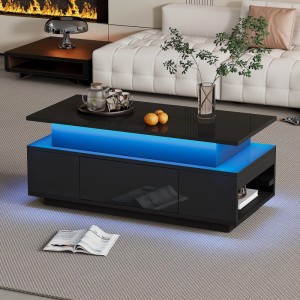 Merax Couchtisch Höhenverstellbar mit Stauraum Schublade LED Hochglanz Schwarz
