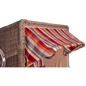 Detailansicht Strandkorb Rantum Teak PE Grey Dessin 584 mit Markise und Bullauge.