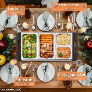 Steinborg Buffetwärmer mit 4 Speisebehältern aus Edelstahl, 300W, für Speisen warmhalten.
