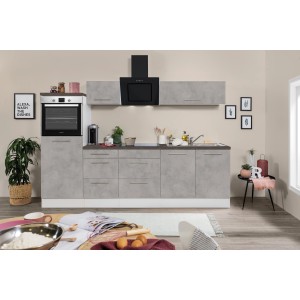 Respekta Premium Küchenzeile Amanda, 270 cm, Beton-Optik/Weiß, mit E-Geräten und Spüle.