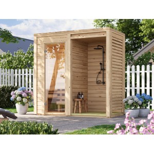 Fjordholz Mini Saunahaus Modell Nick mit Dusche Duscharmatur Edelstahl