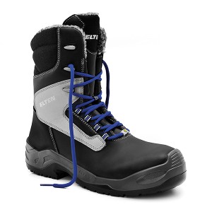 Elten Sicherheitswinterstiefel Jonte High ESD S3 CI Gr. 41, schwarzer Winterstiefel mit blauen Schnürsenkeln.