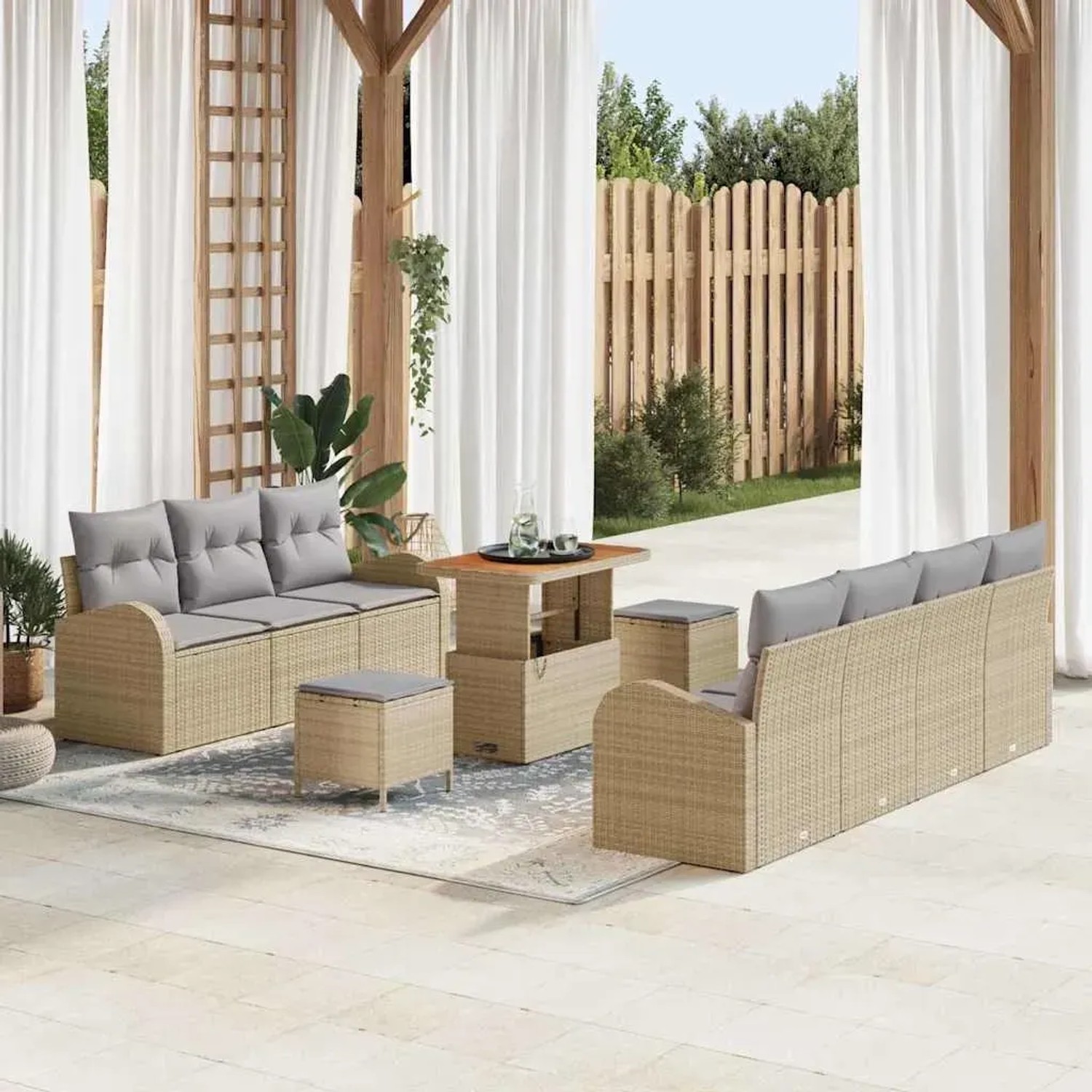 Beiges 10-teiliges vidaXL Garten-Sofa-Set aus Poly Rattan mit Tisch und Kissen.