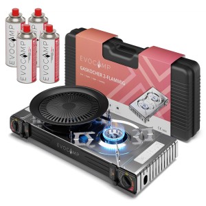 Evocamp Camping Gaskocher 2-flammig mit Grillaufsatz, Gaskartuschen und Transportkoffer.