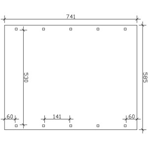 Skizze des Skan Holz Carport Spreewald (585x741cm) mit Maßangaben für die Pfostenpositionen.