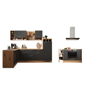 Graue Respekta Winkelküche Hilde 280x172 cm mit Insel, E-Geräten und Holzoptik.