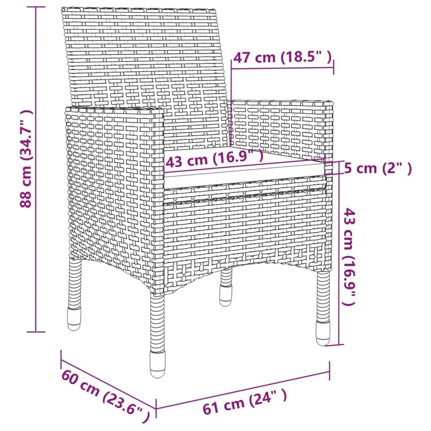 vidaXL Gartenstuhl aus Rattan mit Kissen, Teil der 3-tlg. Essgruppe, Maße eingezeichnet.