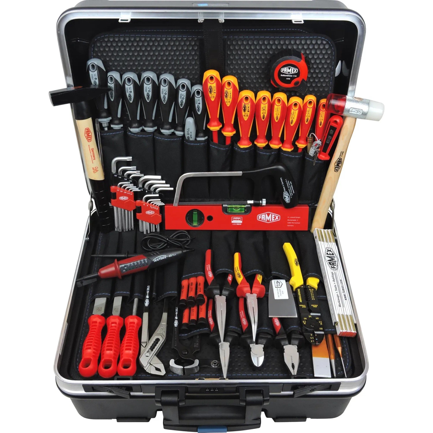 Geöffneter Famex Werkzeugkoffer Professional, 301-teilig, gefüllt mit Werkzeugset.