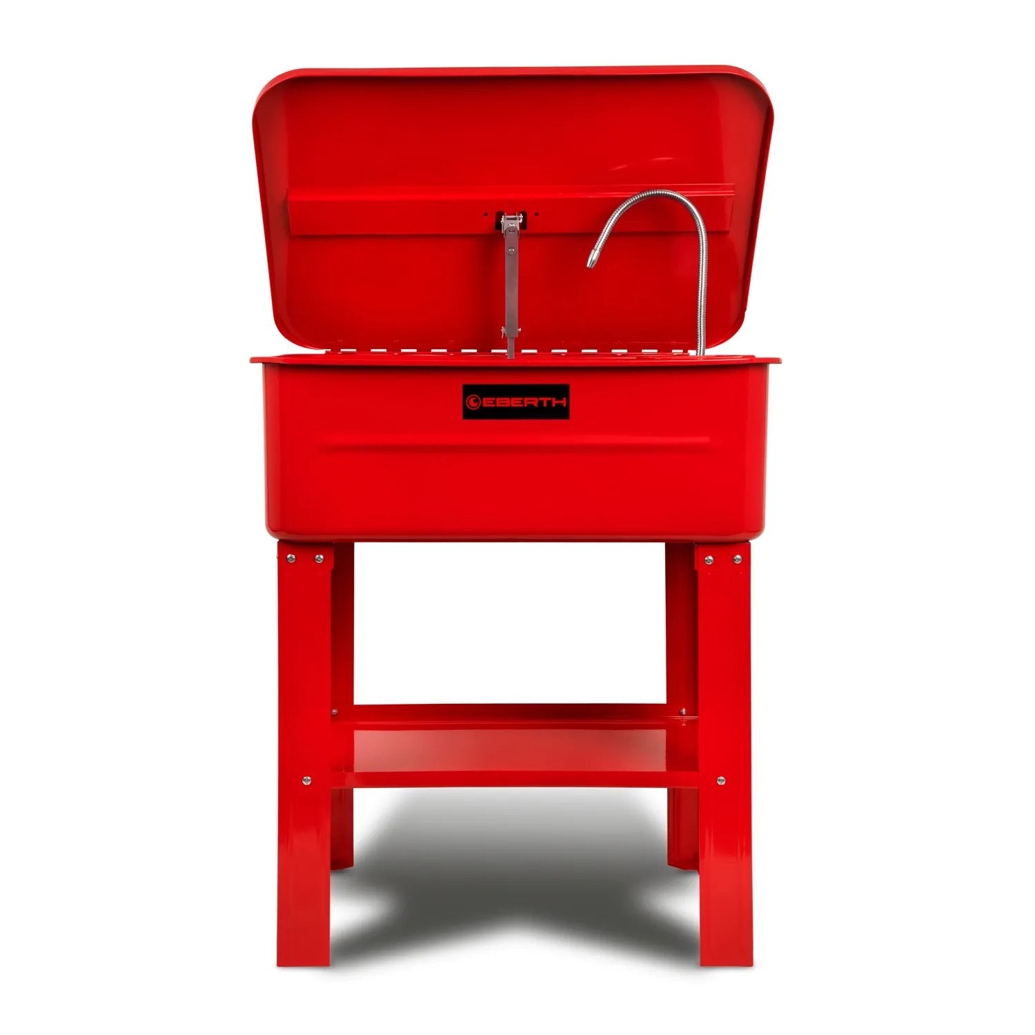 Rotes EBERTH Teilewaschgerät mit Pumpe, 80L Becken und Werkstattwagen-Gestell.