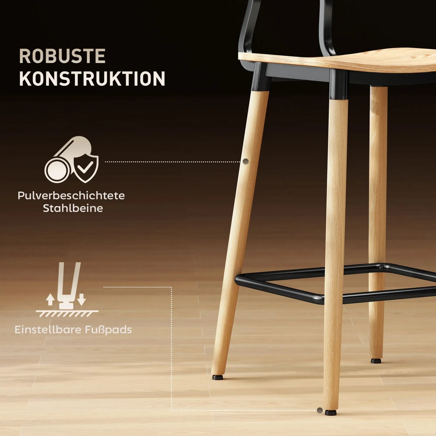 Detailansicht: HOMCOM Barhocker 2er Set mit Holz-Sitzfläche und schwarzen Stahlbeinen.